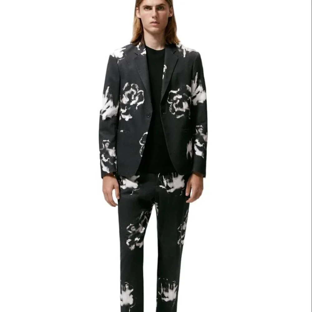 ZARA MEN'S PRINTED SUIT JACKET BLACK/WHITE SIZE 44  5732/388/800